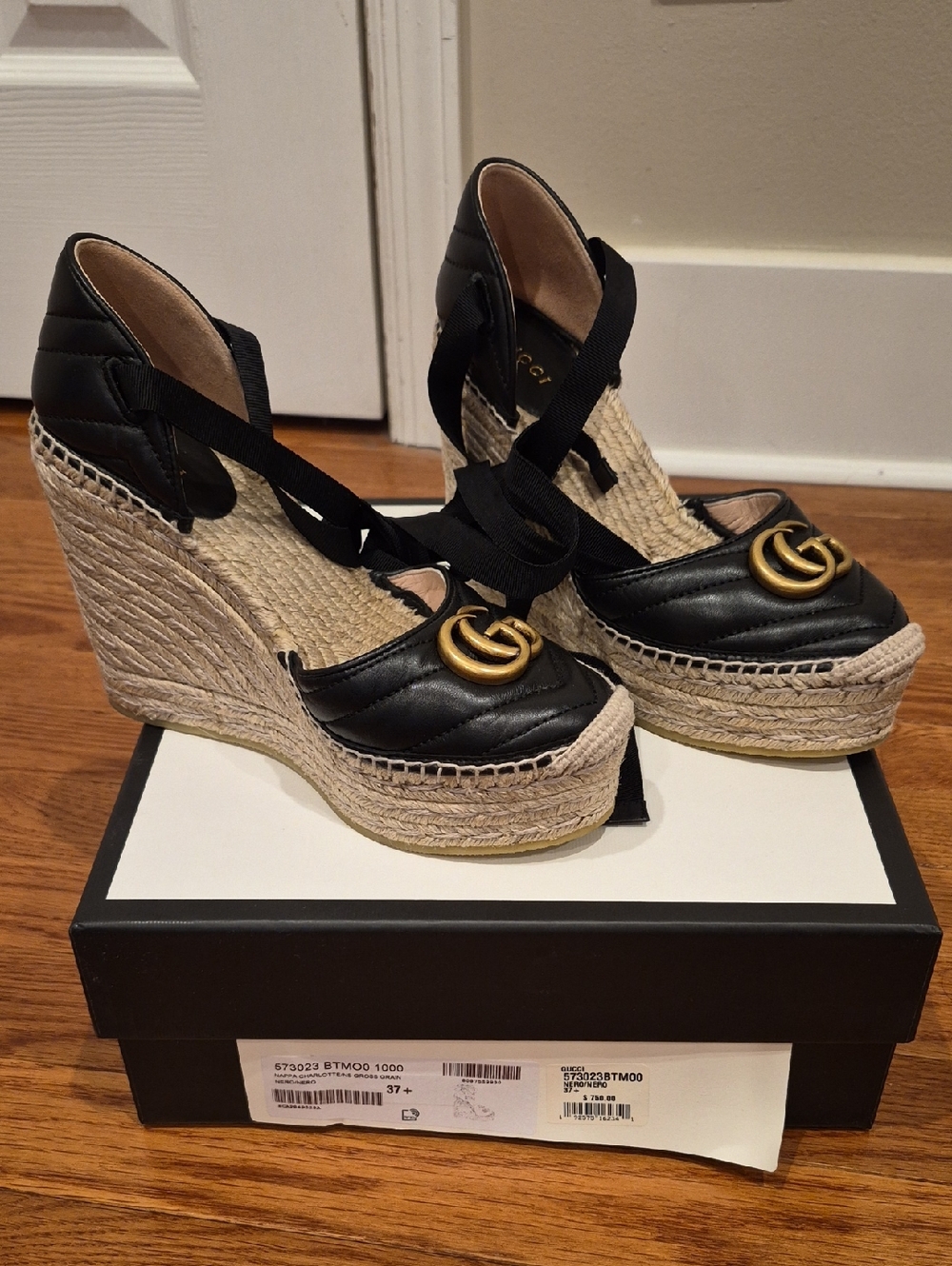Gucci Black Quilted Leather Wedge Espadrilles with Gold Double G